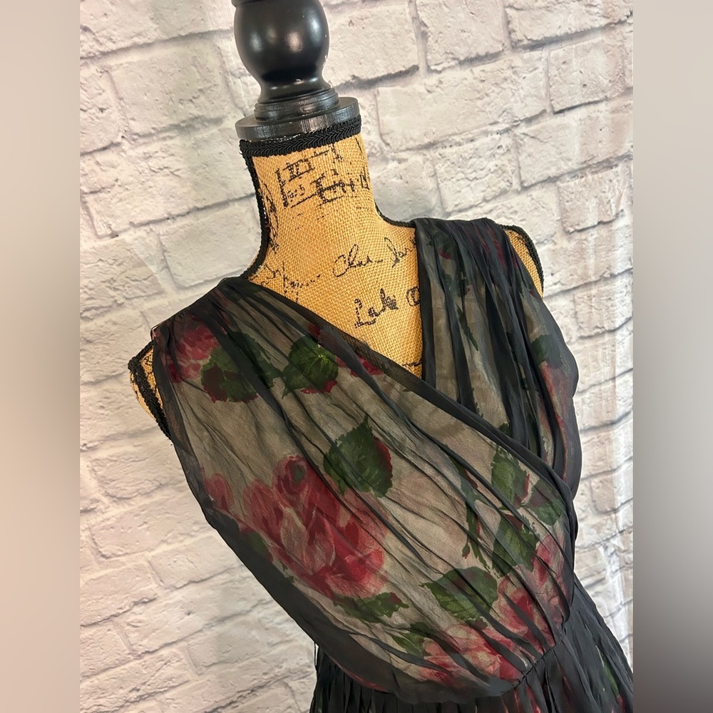 Vintage 50s Dress WOUNDED BIRD Black Pink Floral Midi Evening Formal Party Prom - Picture 7 of 17